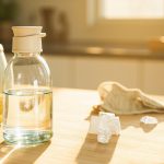 Склянка води на дерев'яному столі поруч з пляшкою та часточкою лимона