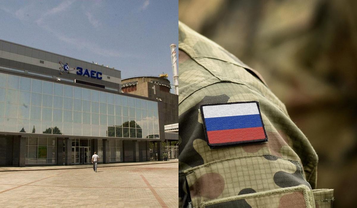 Запорізька атомна електростанція з військовою технікою та кулеметними гніздами на дахах