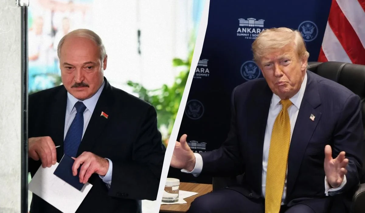 Колаж із зображеннями Дональда Трампа та Володимира Зеленського на тлі прапорів США та України